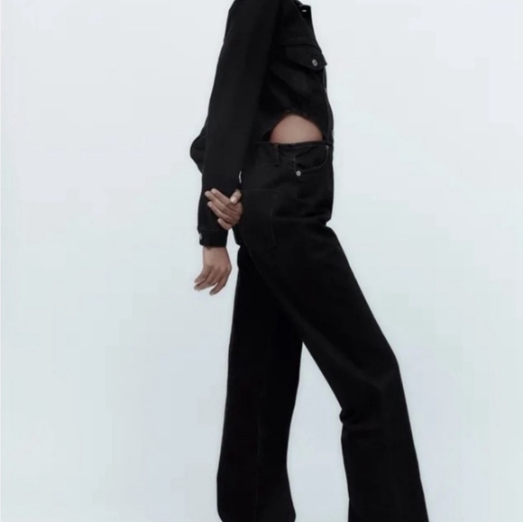 Zara size S Black cutout denim jumpsuit long sleeve - Picture 2 of 9